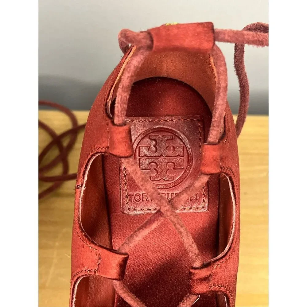Tory Burch‎ Women's High Heels Wedge Espadrilles Pompoms Satin Merlot Shoes 5.5